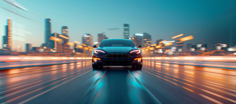 A car is driving down a city street at night by AI generated image