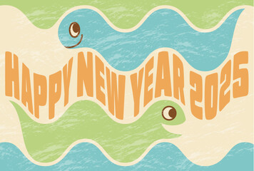 スネークネク年賀状　2025巳年　レトロなかすれテクスチャ　横向き