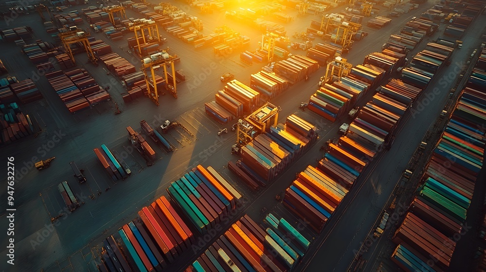 Poster aerial view of a large logistics hub at sunrise with intricate patterns of trucks and containers sho