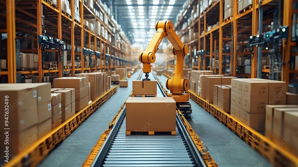 Poster automated warehouse with robotic arms and conveyor belts efficiently processing packages