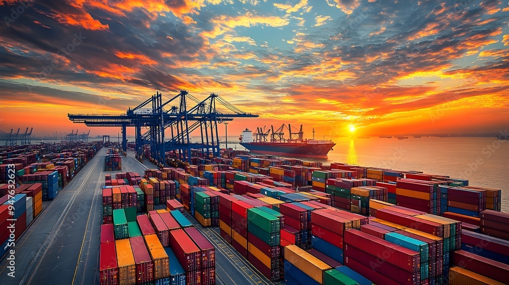 Aufkleber aerial view of bustling seaport with stacked containers and cargo ships loading at docks
