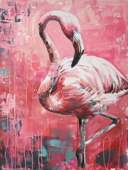 Abstract Flamingo Painting with Pink Background. Artistic Flamingo Illustration on Textured Canvas