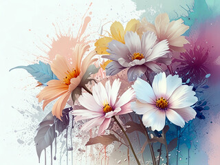 Beautiful Bouquet of Pastel Multicolored Flowers on White with Unique Splash and Runny Effect