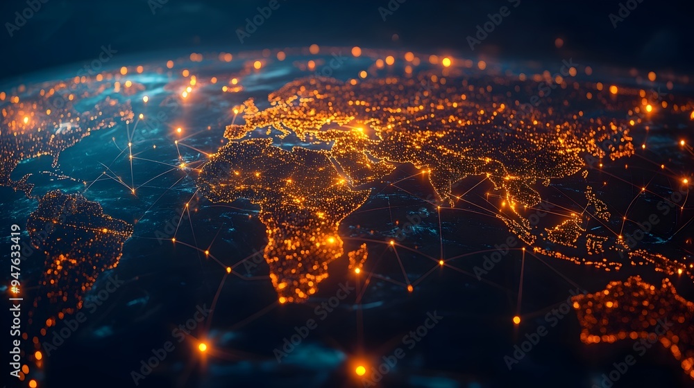 Poster visualizing global logistics network with digital interconnected routes across continents
