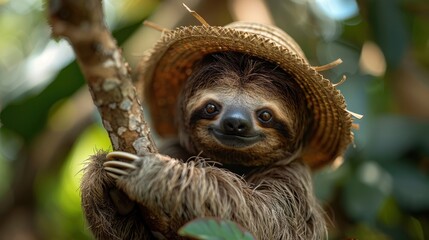 Fototapeta premium Sloth Wearing a Straw Hat in a Tropical Forest