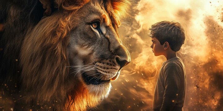 A lion and a boy face each other.