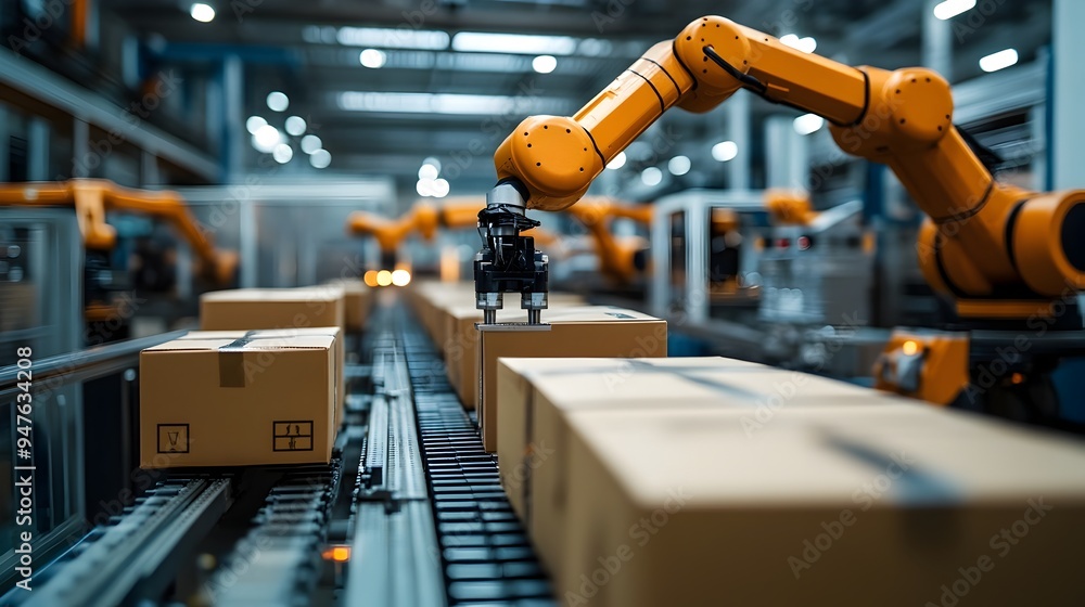 Poster efficient packaging automation in logistics center with robotic arms and ai powered precision