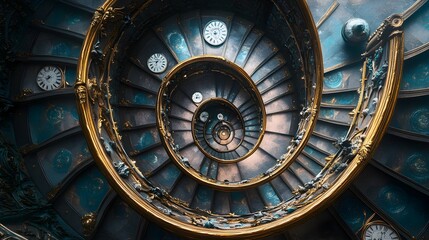 Obraz premium Perpetual Spiral Staircase with Embedded Clocks Representing Infinite Time and Design