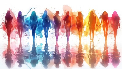 Silhouettes of Women Walking in Water with Watercolor Background.