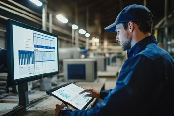 Automated system for tracking feed consumption and weight in a livestock facility. Farmers reviewing reports on a computer, Generative AI