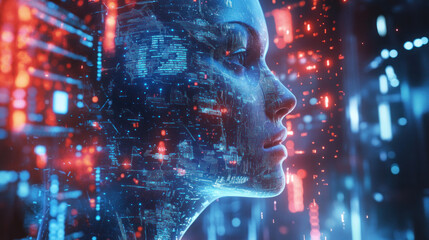 A digital portrait of a woman's face, composed of glowing blue and red data, against a dark background.