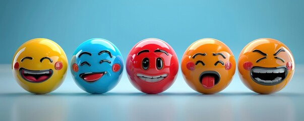 Fototapeta premium Expressive and colorful emoji faces, ideal for mobile app reactions, capturing a range of facial expressions.