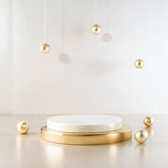 Minimalist gold and white round podium with hanging and scattered decorative spheres on light background