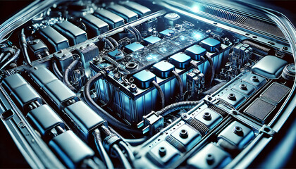 The image shows a high-tech industrial workspace with metal racks filled with servers and tools Cables are neatly organized, and blue chairs are arranged around the equipment in the room