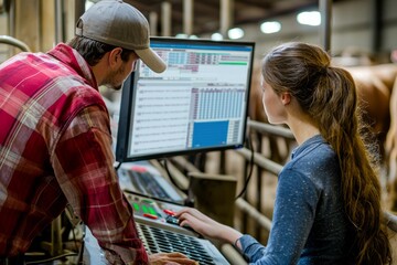 Automated system for tracking feed consumption and weight in a livestock facility. Farmers reviewing reports on a computer, Generative AI