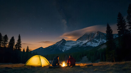 Couple Camping Under Starry Night Sky With Mountain In The Distance