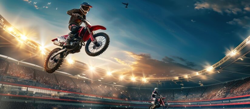 Motocross Rider Performing a Jump in a Stadium