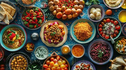 Fototapeta premium A Table Spread with Diverse Middle Eastern Cuisine