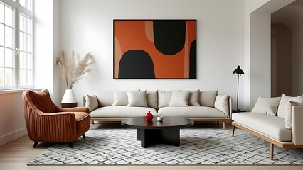 Minimalist, japandi interior design of modern living room with accent armchair.