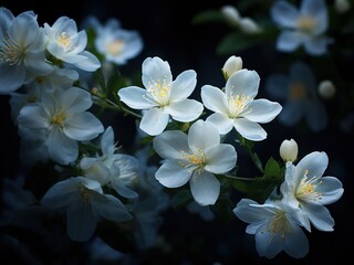 Close-up of delicate white jasmine blossoms with yellow centers against a dark background.