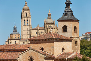Fototapeta premium Segovia skyline. San Millan church and gothic cathedral. Castilla Leon