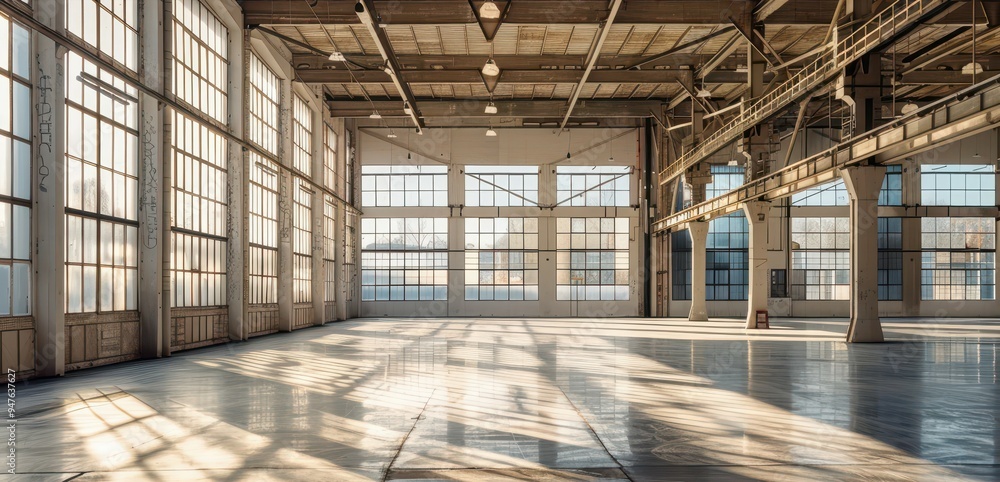 Poster empty industrial building with large windows and sunbeams