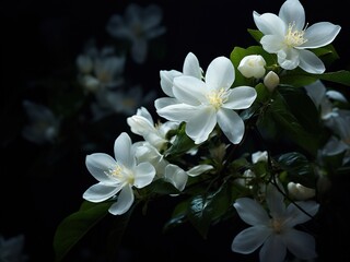 Obraz premium Close-up of white blossoms on a branch against a dark background.