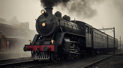 Obraz premium Steam Locomotive and Train on Tracks in Fog