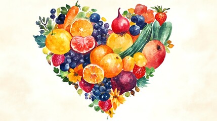 Watercolor illustration of a heart made of fruits and vegetables.