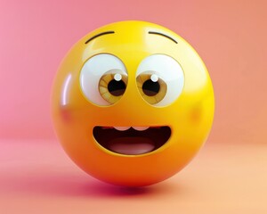 Fototapeta premium Excited yellow emoji with wide eyes and open mouth, thrilled, 3D stylized, vibrant.