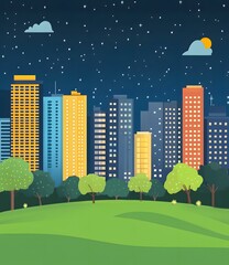 Fototapeta premium Night Cityscape with Skyscrapers and Stars