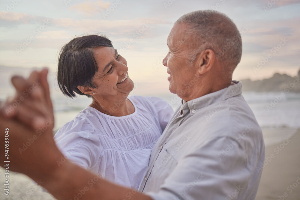 Canvas Prints Happy, mature couple and dancing on beach with love, bonding and romance date for retirement travel. Smile, woman and man with embrace fun of relationship, commitment and loyalty on ocean outdoor