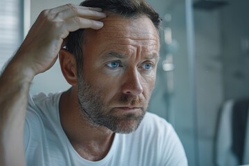 Obraz premium A man with a bald head is looking at himself in the mirror