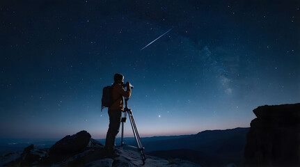 Fototapeta premium Silhouette of a Photographer Capturing a Meteor Shower Under a Starry Night Sky