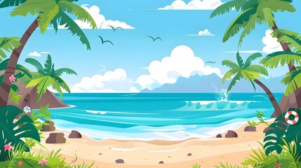Obraz premium Tropical Beach Illustration with Palm Trees and Ocean