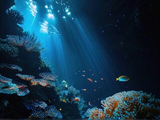 Obraz premium Sunlight beams through the ocean surface illuminating a vibrant coral reef teeming with fish.