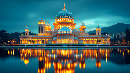 Obraz premium Illuminated Symmetrical Mosque with Glowing Dome Against Night Sky