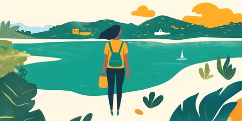 Woman Standing By The Lake Looking At The View