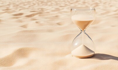A classic hourglass with sand flowing through it on sandy background, Generative AI