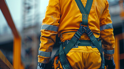 A construction worker wearing a safety harness and gear at a construction site.
