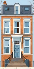 Obraz premium Illustration of a Brick House with Blue Door and Steps