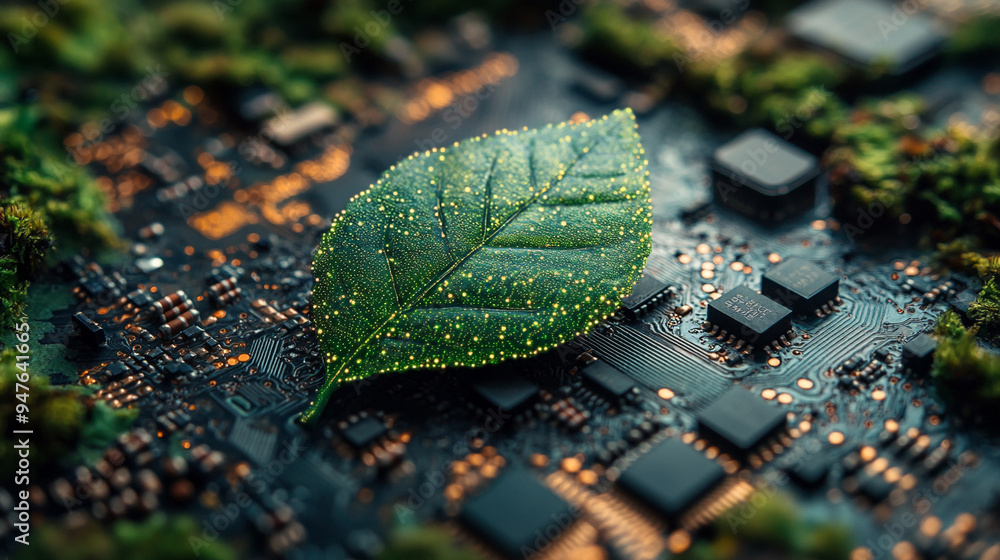 Aufkleber green natural eco friendly green leaf and computer technology on abstract high tech futuristic backg