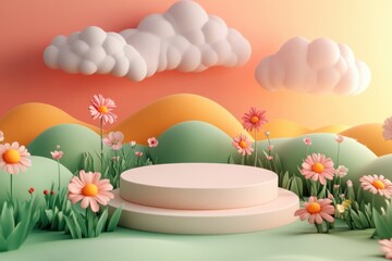 A beautiful scene of a field with a large white pedestal in the middle