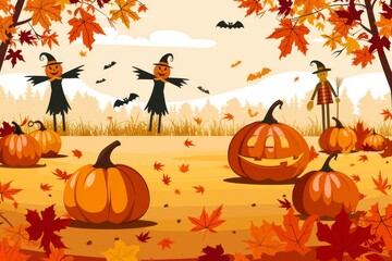 An illustration of a festive Halloween pumpkin patch with fall foliage, friendly characters, and pumpkins