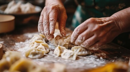 Elderly Hands Shaping Dumplings on a Wooden Table