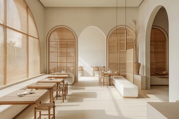 A restaurant with a lot of natural light and wooden furniture