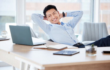 Business, relax and Asian man with smile, pc and resting with break, complete task and accounting....