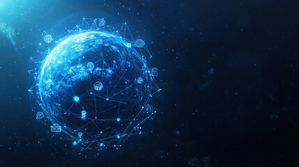 Obraz premium Global network concept. Abstract globe background. Symbolizing global network connectivity. Technology background. Abstract digital blue background with a futuristic globe. Copy space area