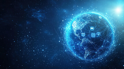 Obraz premium Global network concept. Abstract globe background. Symbolizing global network connectivity. Technology background. Abstract digital blue background with a futuristic globe. Copy space area