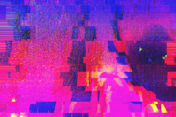Abstract digital motion glitch art distorted background with pink, blue, purple pixelated texture. Psychedelic 8bit retro futurism, cyberpunk, webpunk, rave 80s 90s aesthetic techno neon colors design
